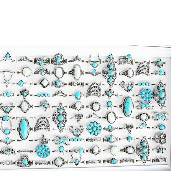 Silvertone Turquoise Opal Faux Lot of 40 Rings Boho Flower Fashion Ring GIFT New - Picture 3 of 15